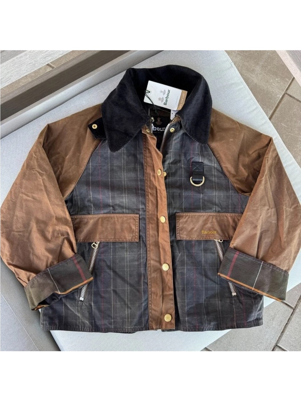 NWT Barbour Premium Cotton Waxed Jacket Brown Tan Green Plaid 6